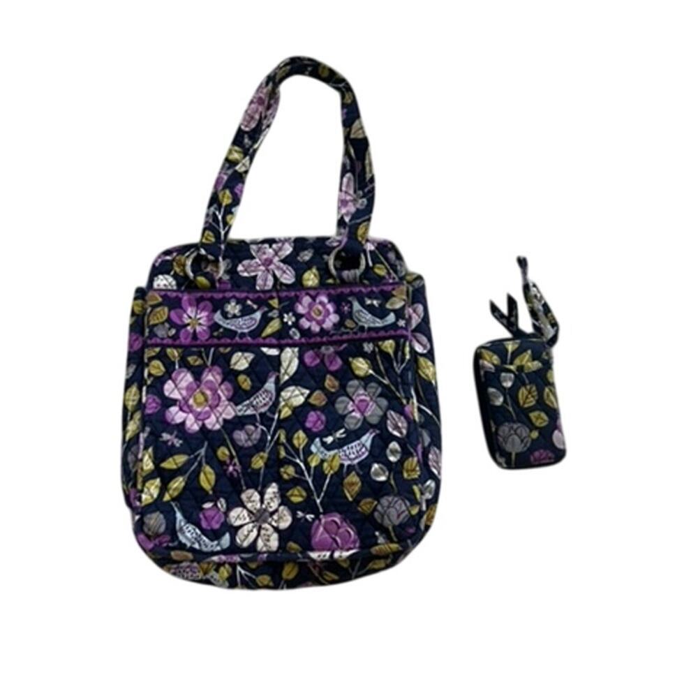 EUC Vera Bradley floral black and purple bag with matching coin and wallet purse